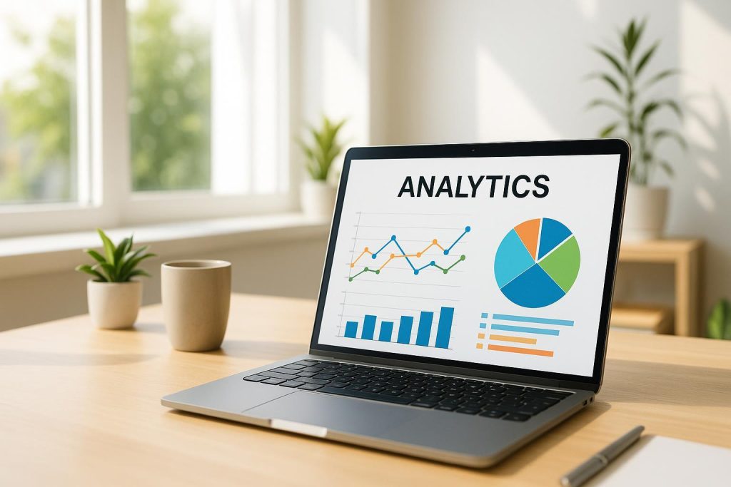 Open laptop on desk in bright office, highlighting the role of landing pages in per per click advertising.