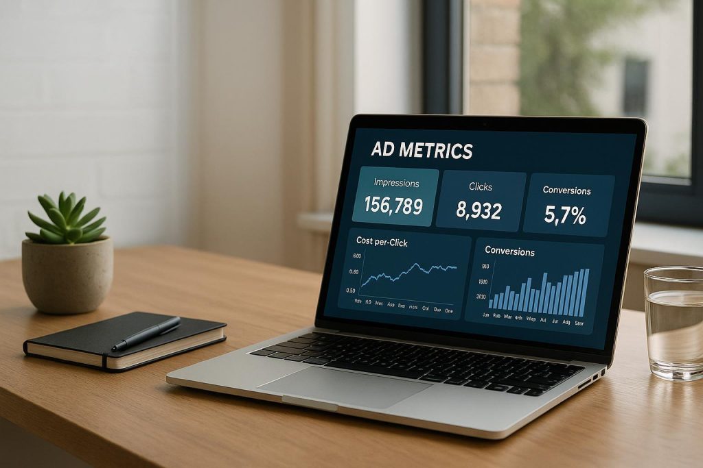 Laptop screen showing digital stats for pay per click advertising targeting in a bright workspace.