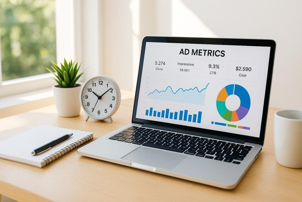 Desk with a laptop showing pay per click data next to a clock in a well-lit office.