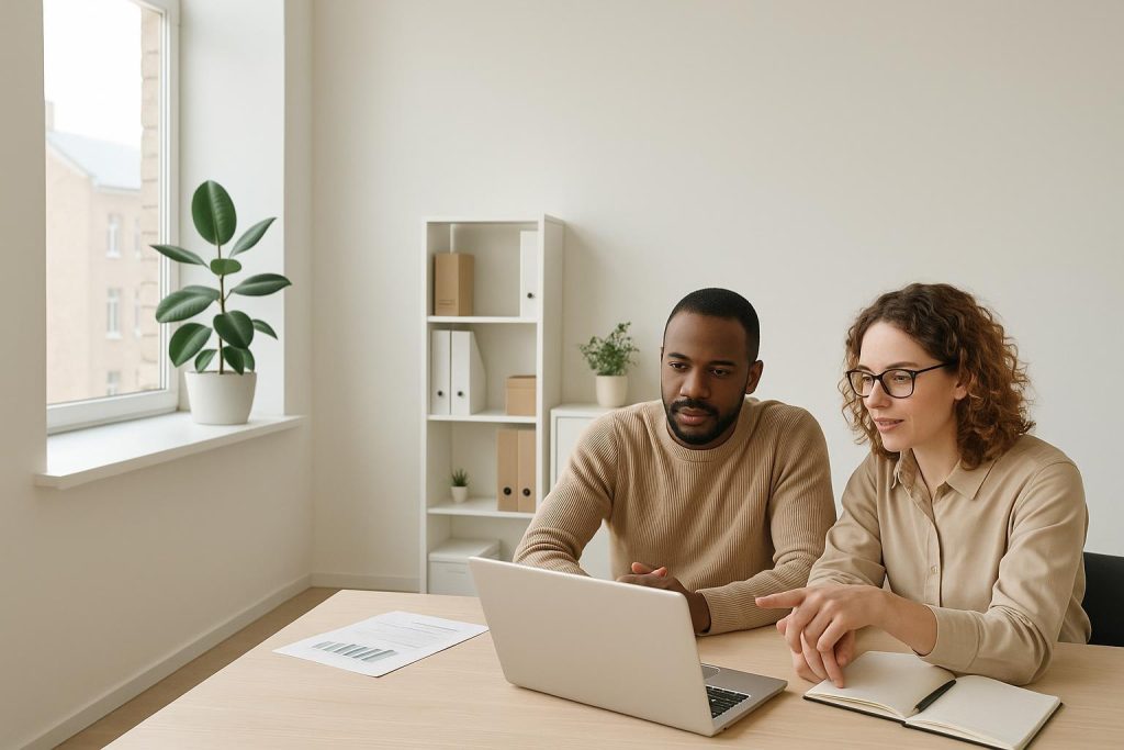 Small-business owners in a modern office discussing digital ads on a laptop