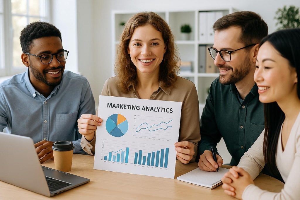 Marketers reviewing data for more effective digital ads in a bright office.