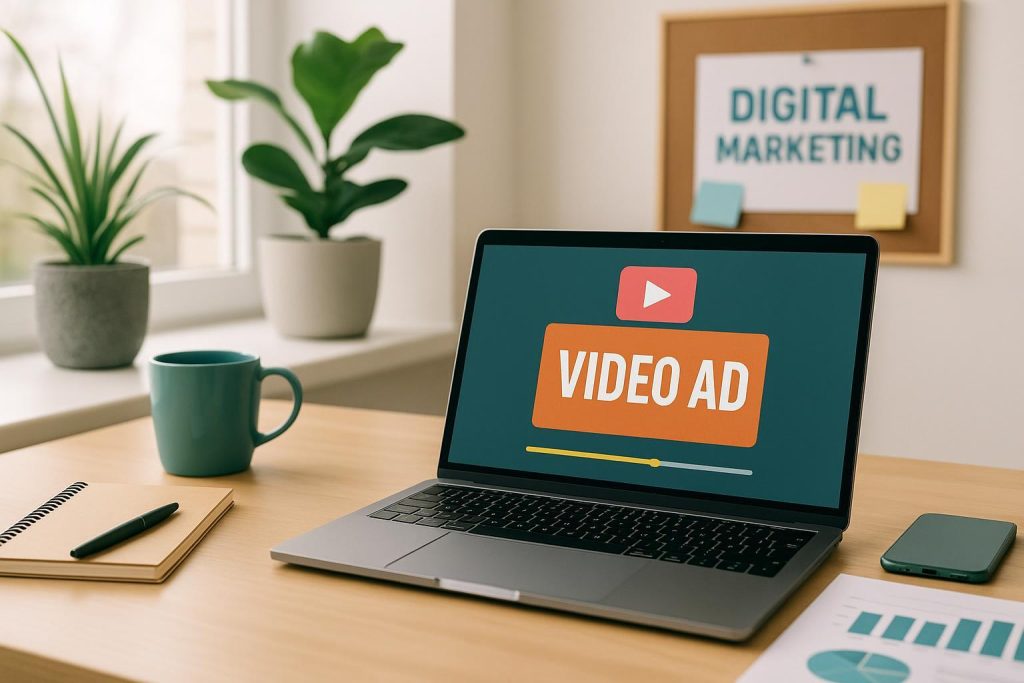 A laptop showing a video ad to illustrate digital ads in a bright workspace.