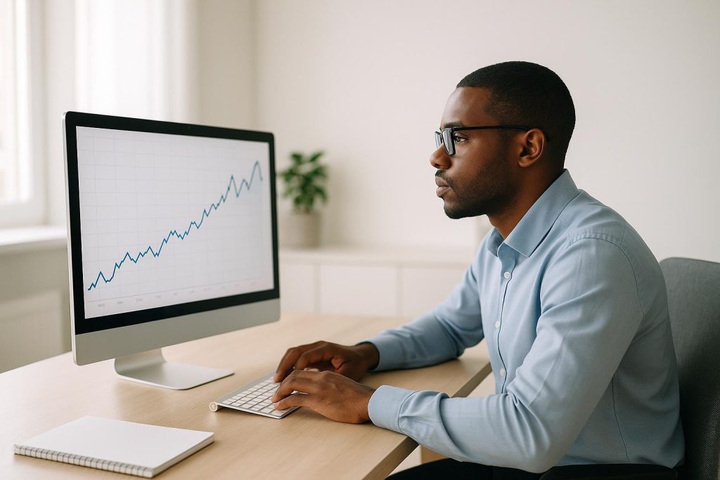 Marketer reviewing pay-per-click marketing metrics for quality score in a modern office.