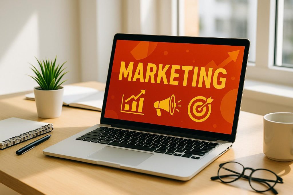 Creative marketing workspace referencing digital ads and brand awareness.