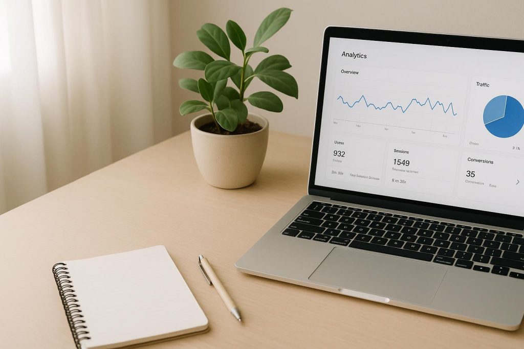 Laptop and analytics on a desk showing SEO digital marketing strategy for organic traffic.