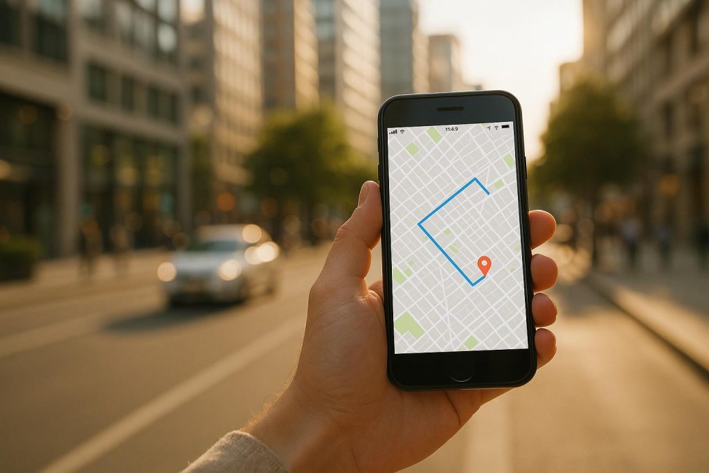 Close-up of smartphone showing map ads in a city environment.