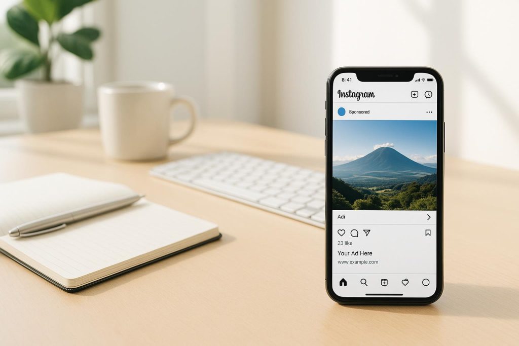 A phone displaying instagram ads on a tidy desk with empty space on the left.