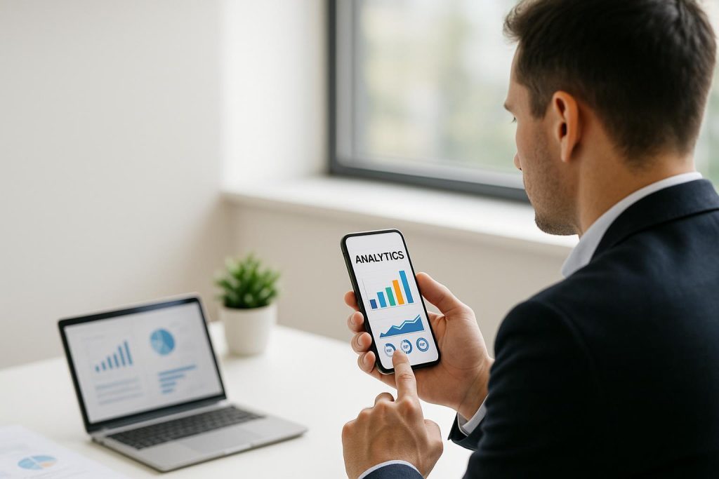 Businessperson analyzing Instagram ads data on a smartphone.