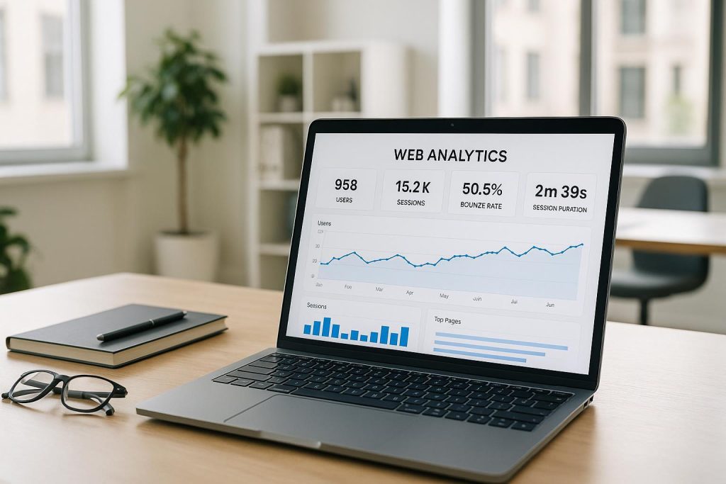 Laptop showing website data analysis during a technical SEO audit.