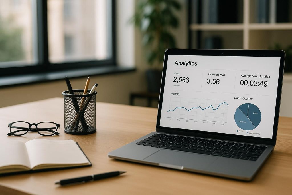 Desk with laptop analytics representing an SEO audit process.