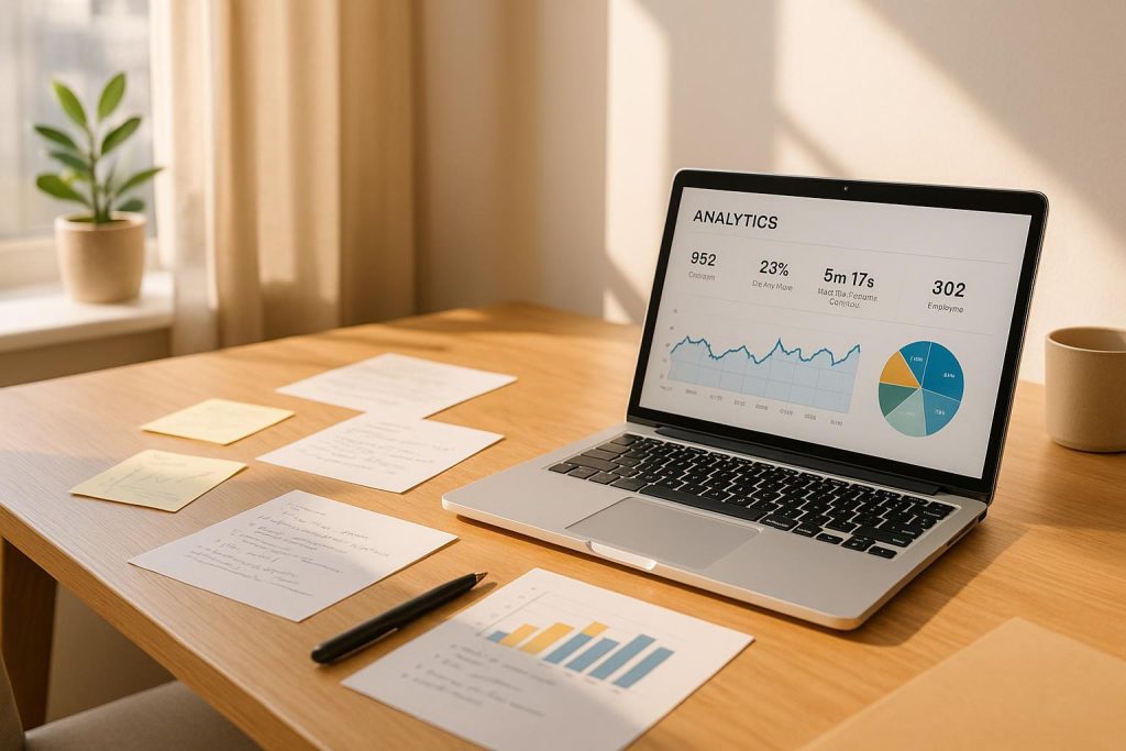 A bright desk with a laptop open to analytics representing the role of keyword research in an effective PPC strategy.