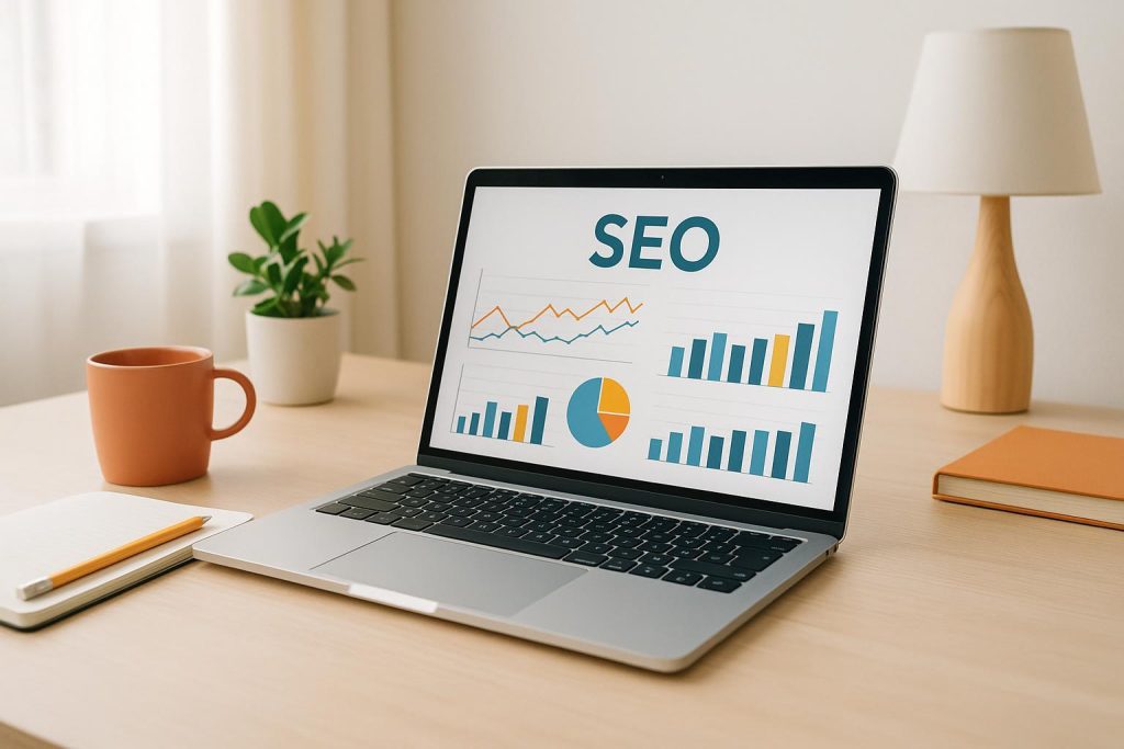 Laptop and notepad showing site SEO analysis data on a well-lit desk.