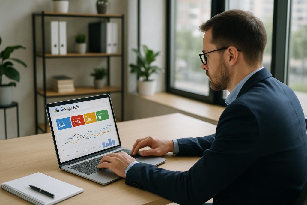 Business owner reviewing Google Ads results on a laptop in a bright office.