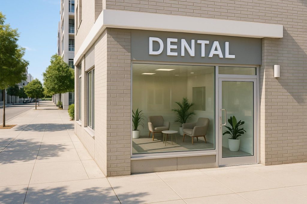 A modern dental office exterior, highlighting local SEO for dental marketing.