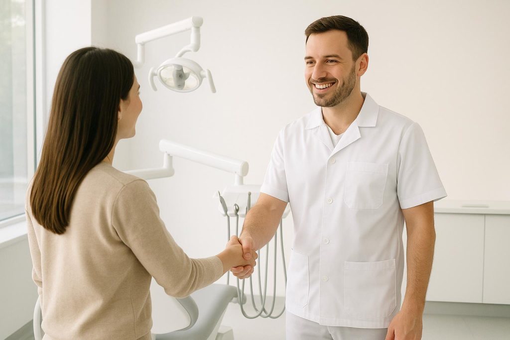 Friendly dentist greeting a patient at a modern clinic, reflecting dental marketing brand-building.