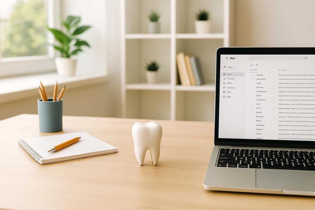 Laptop showing email marketing app in a bright office near a small tooth figurine, referencing dental marketing