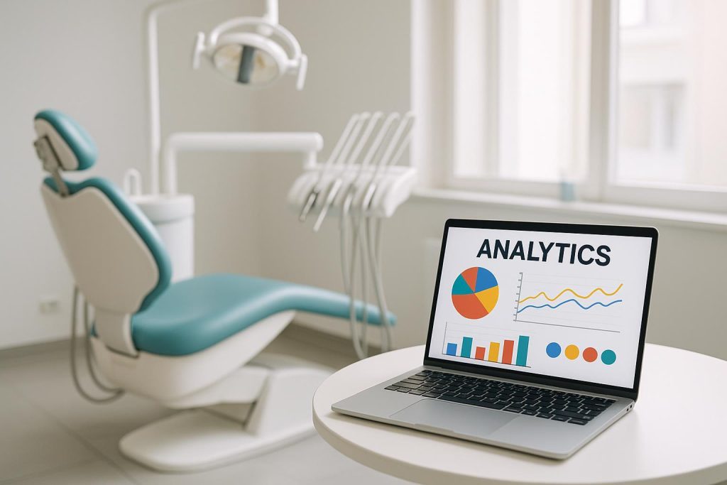 Laptop showing dental marketing analytics in a bright, modern dental office.