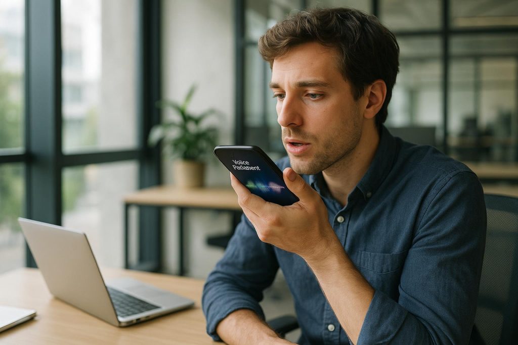 A professional speaks into a smartphone voice assistant aiming for first-page Google visibility.