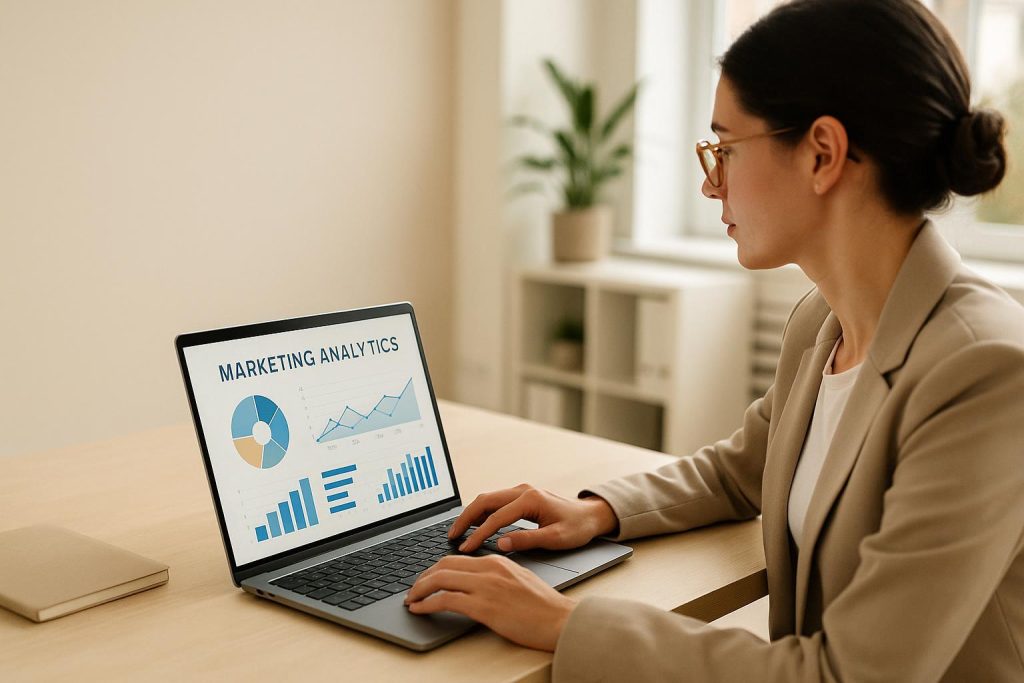 A professional analyzing data for a pay-per-click campaign on a laptop in a modern office setting.