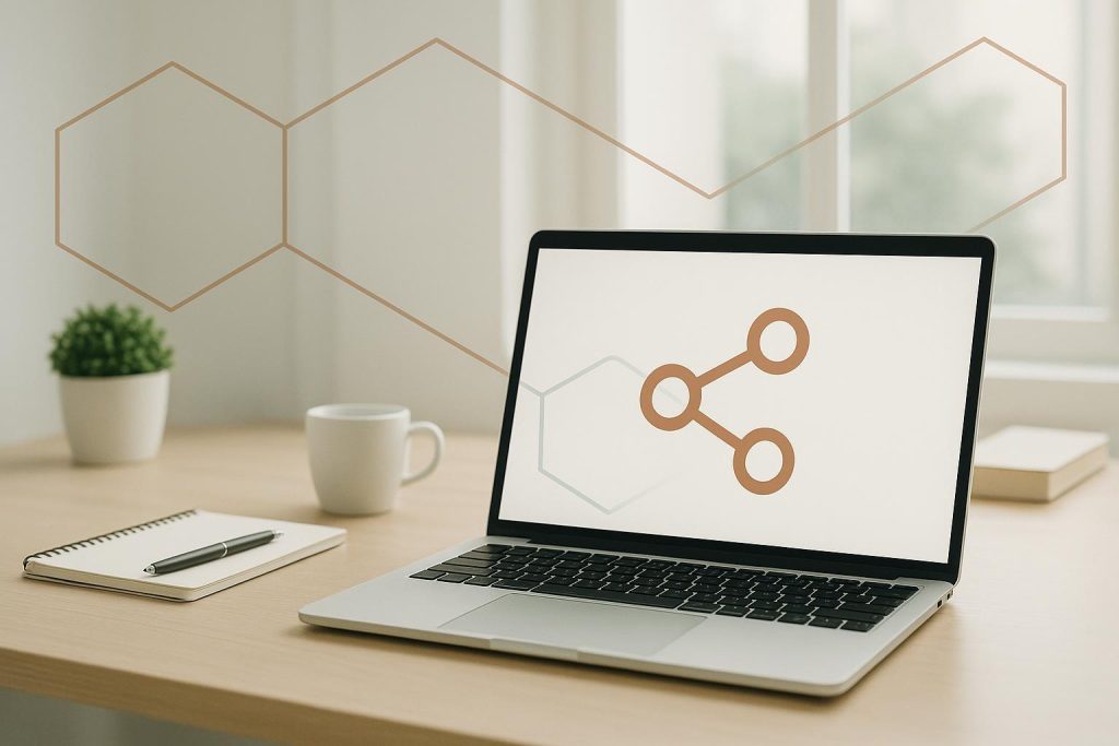 Office desk with laptop and lines symbolizing internal links for on-page SEO