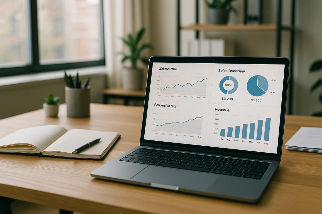 A laptop with analytics dashboards measuring success after a professional site redesign.