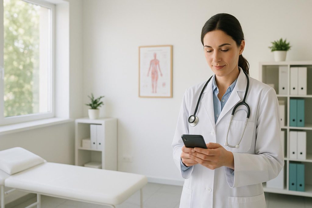 Professional at a clinic using a smartphone, demonstrating a mobile-friendly website design.