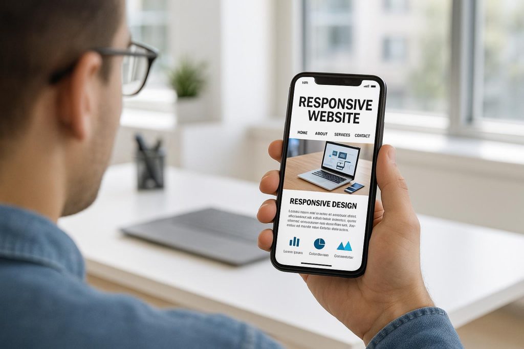 User checking a clinic’s mobile-responsive website on a smartphone in a bright office setting