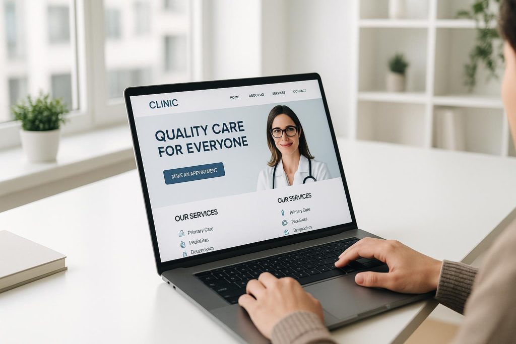 Person viewing a user-friendly clinic website on a laptop in a modern office setting.