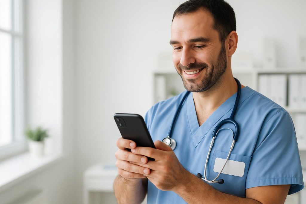 Healthcare provider in a clinic using a mobile app to support patient care.