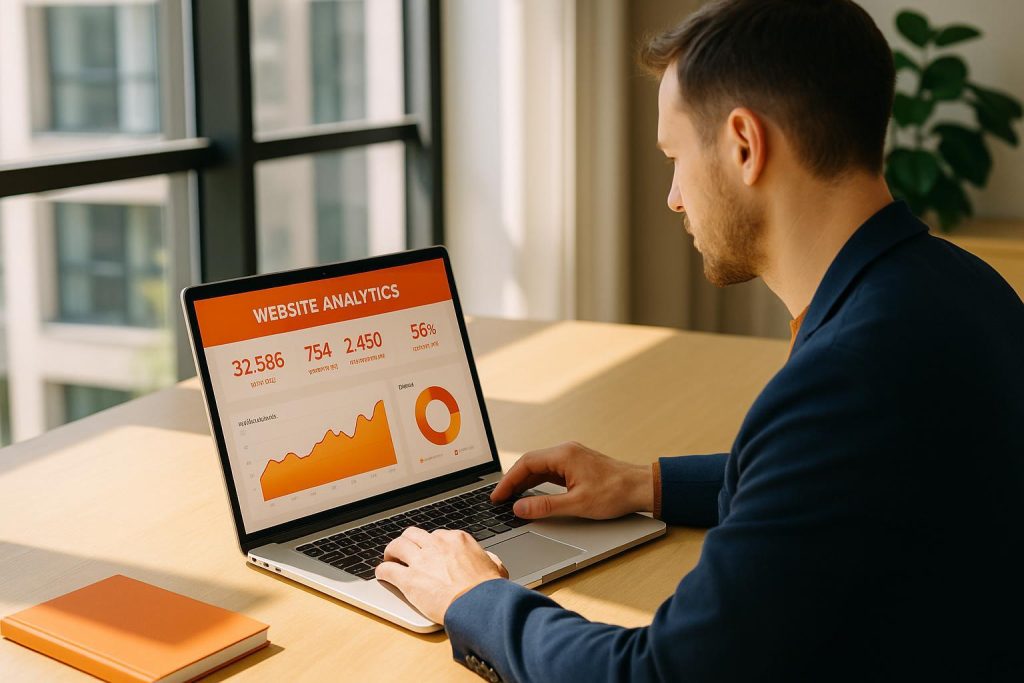 Professional reviews clinic website metrics on a laptop in a bright office.