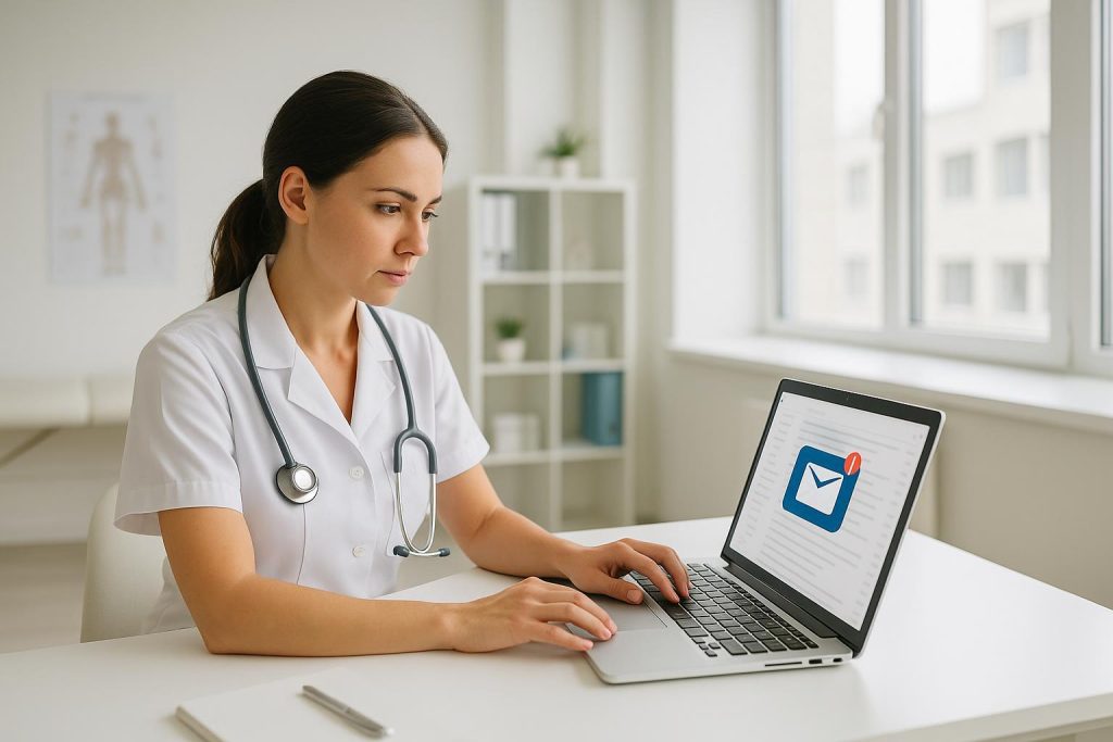 Clinic staff reviewing email marketing on a laptop in a bright office.