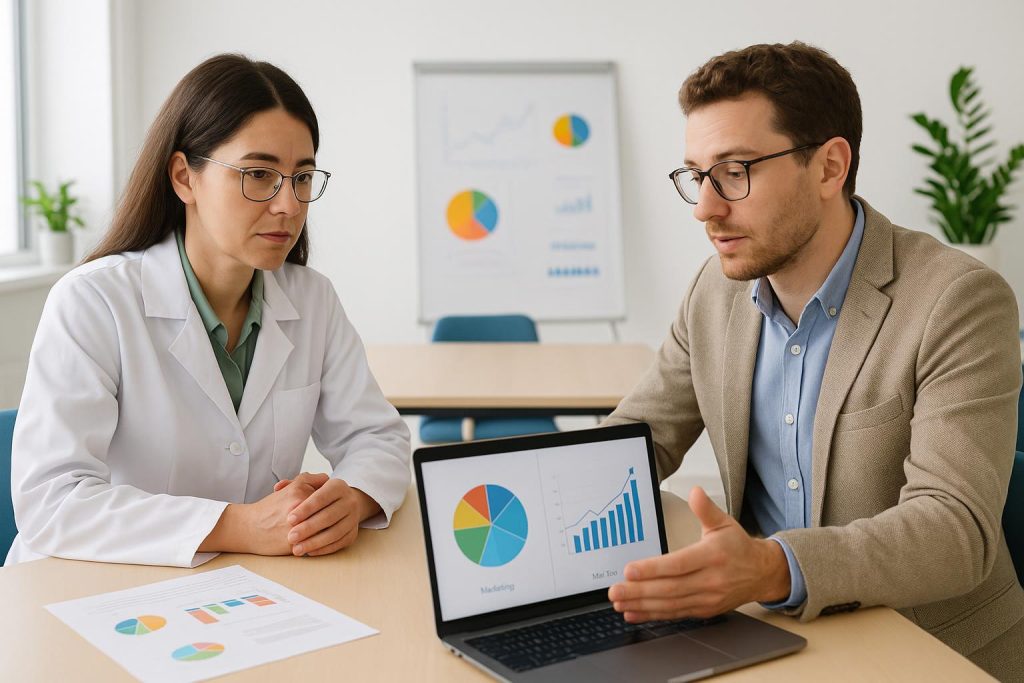 Healthcare professionals reviewing marketing strategies in a bright clinic setting