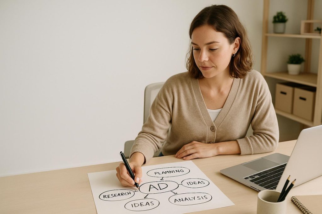 Small business owner brainstorming clinic marketing strategies in a bright workspace.