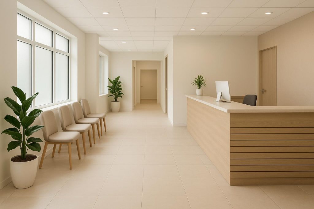 Modern clinic waiting area with open space, neutral tones, and natural light
