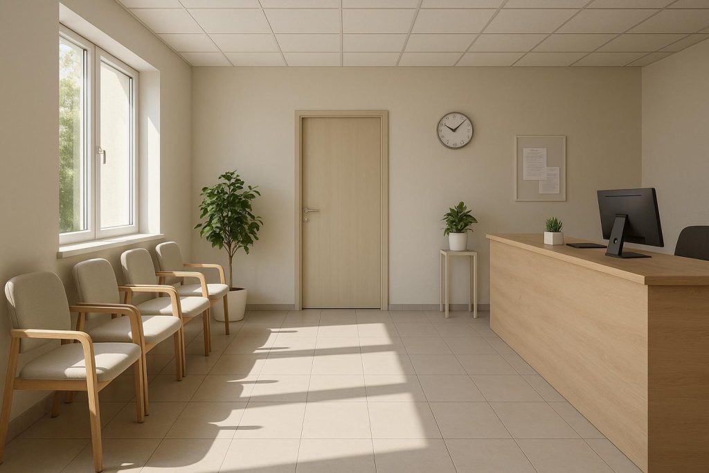 Sunlit clinic waiting area with modern seating for patient growth.