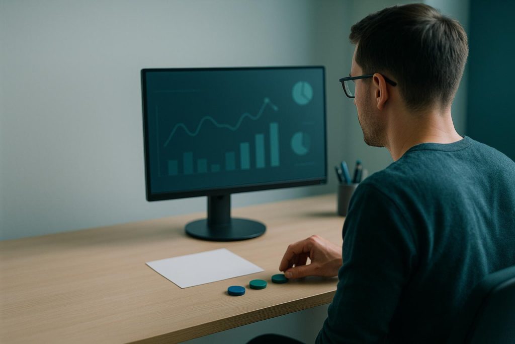 Digital marketer reviewing PPC bid management data beside a blank monitor